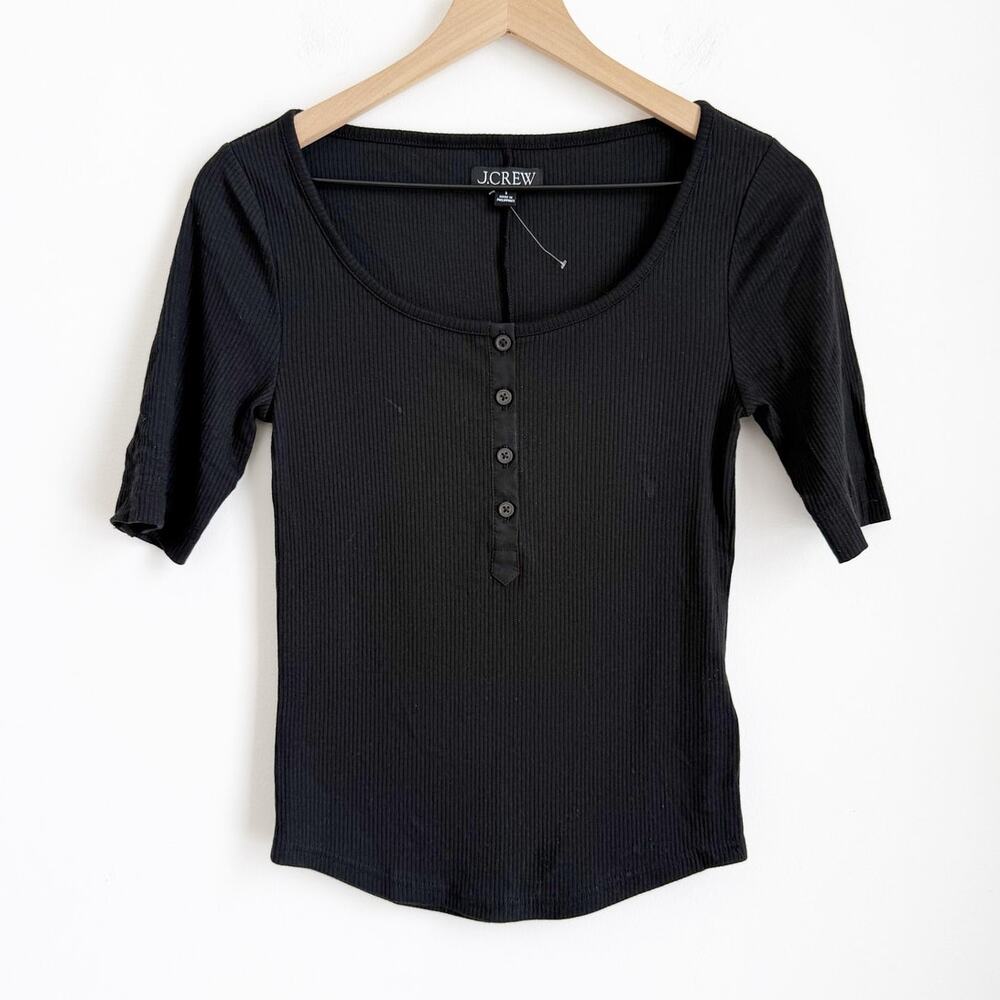 JCREW Henley Ribbed Black Top Size Small - Picture 2 of 4